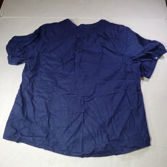 J.Crew Women Navy Smocked Neck Linen/Cotton Short Sleeve Button Up Blouse Sz L - Picture 6 of 6